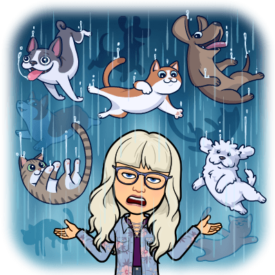 Illustrationen visar en kvinna som står i ett regn av katter och hundar.